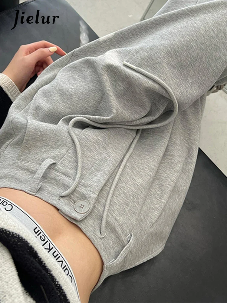 Jielur New High Waist American Solid Color Women\'s Pants Drawstring Loose Straight Pants Woman Grey Casual Pants Summer Female