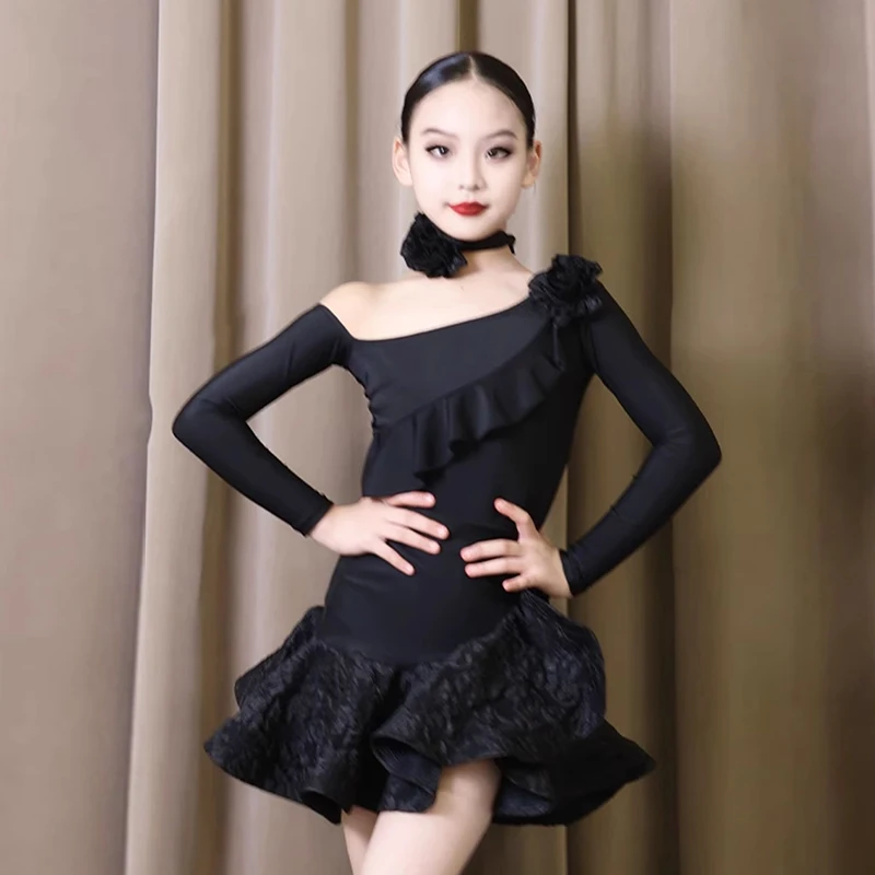 Slanted Shoulder Fall Latin Dance Costume Girl's Ballroom Dancing Training Set Kids Cha Cha Salsa Performance Clothing XH1107