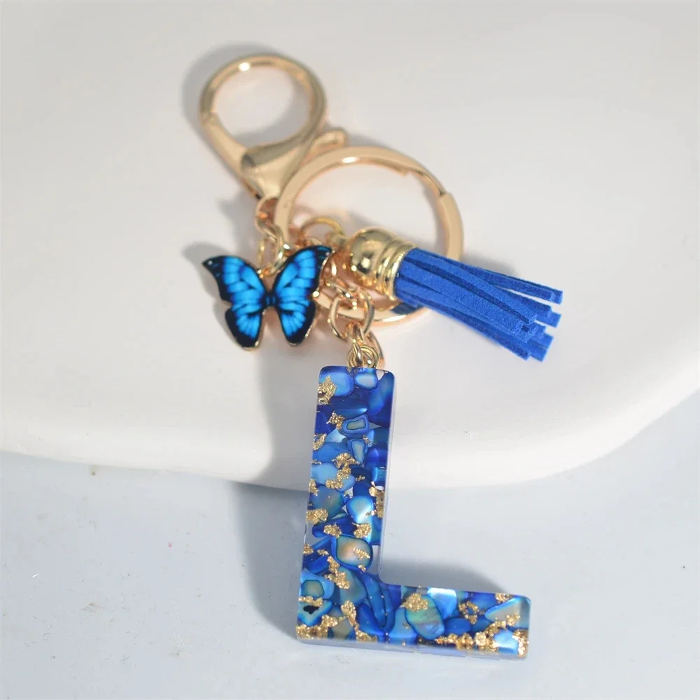 Modischer blauer glasierter Stein, A bis Z, Buchstaben-Schlüsselanhänger, 26 Initialen, Alphabet, Schmetterling, Quaste, Anhänger, Auto-Schlüsselanhänger, Damenschmuck, Geschenke