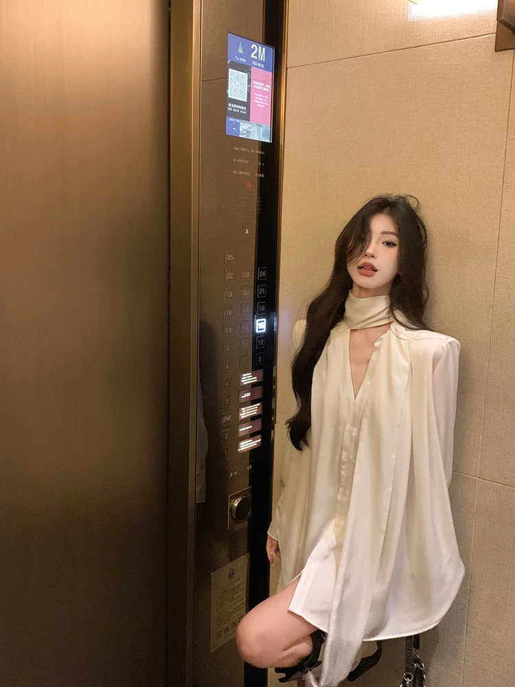 

French Style Light Luxury White Ribbon Long Sleeve Shirt Dress for Women Spring New Elegant Loose Design Short Dress for Women