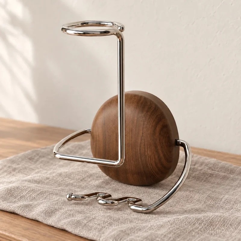 Creative Walnut Wooden Hair Dryer Holder - Adhesive Wall Mounted Blow Dryer Rack with Cute Face Design & Metal Arms for Bathroom