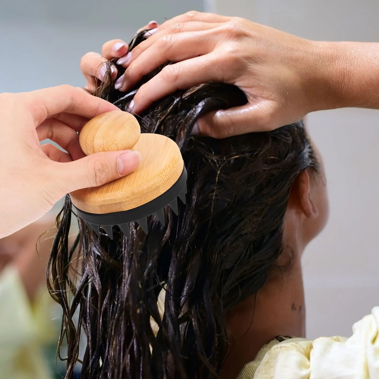 

Ergonomic Shampoo Massager Exfoliator Deep Cleaning Care Tool Soft Bamboo Head Massager For Shower Scalp Scrubber Dandruff