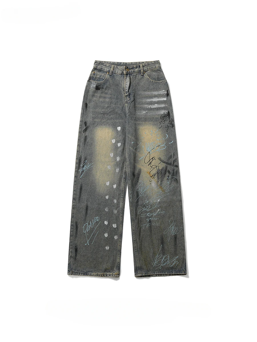 

Trendy American Street Hand-painted Graffiti Jeans Men's Distressed Niche Handsome Hip Hop Casual Loose Versatile Denim Pants