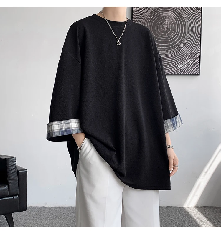 men t shirts Loose Summer Men's T-shirts Women Oversized Korean Style Plaid T-shirt Casual Seven sleeves T-Shirt Male White