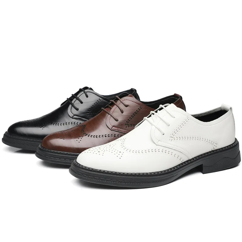 2023 Men Formal Shoes White Leather Business Casual Shoes Fashion Man Shoe Dress Office Wedding Brogue Shoes Social Shoe Male