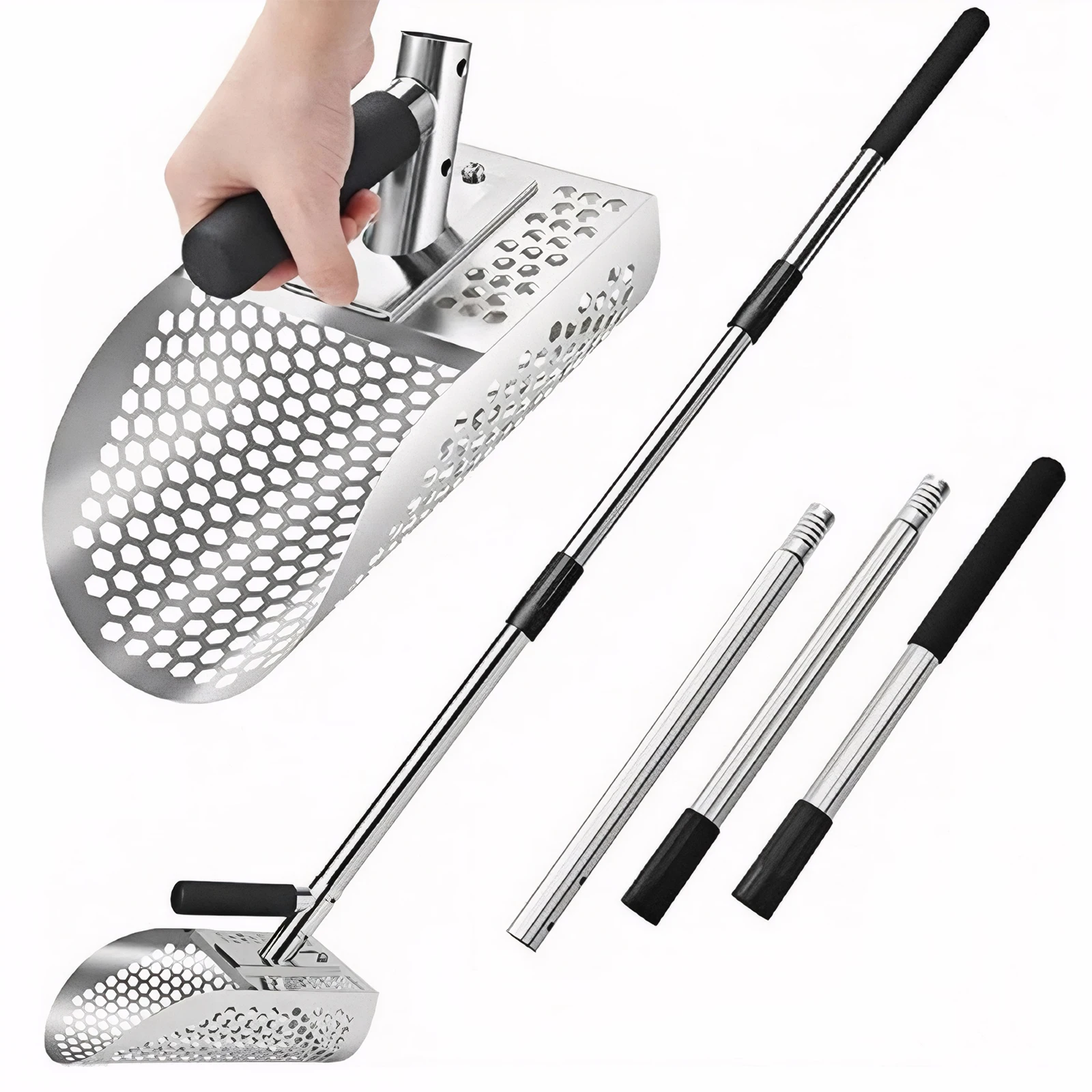 

2 In 1 Stainless Steel Sand Scoop Multi-Function Metal Detector Scoop Wear Resist Fast Sifting Shovel for Underwater Backyard