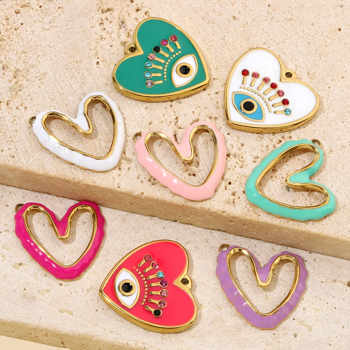 3pcs/Lot French Antique Pink Flower Stainless Steel Diy Charms Women Heart Evil Eye Necklace Pendant Wholesale Jewelry