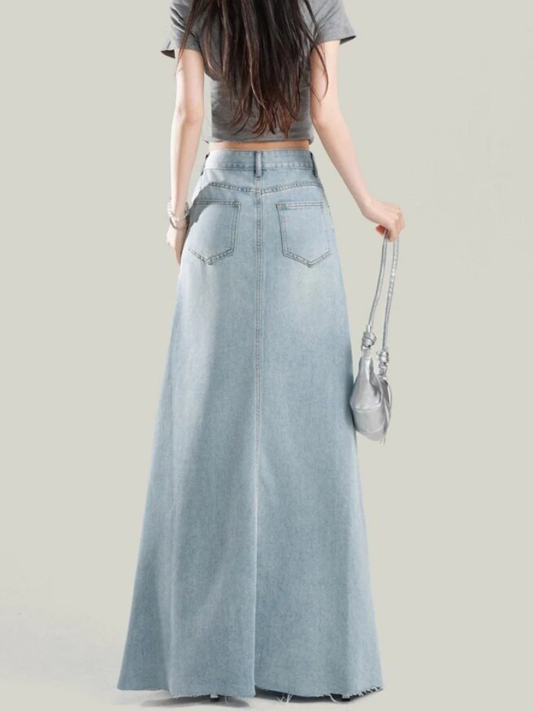 Qiukichonson Maxi Long Skirt Women Spring Summer Korean Casual High Waist Jean Skirt Ladies Tassel A-Line Ruffle Denim Skirt rok - view 5