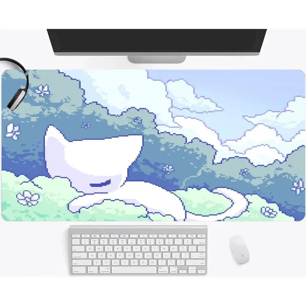 Anime Playmat Pixel White Cat Dreamy Cloud Forest Art Mousepad Large Size For Keyboard Accessories Laptop Mat