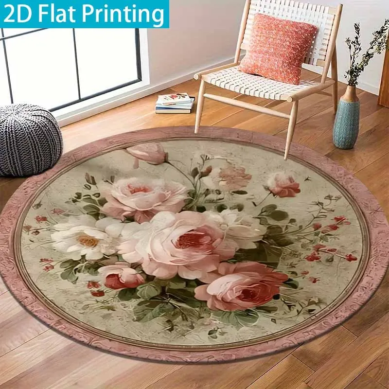 Vintage Round Floral Rose Print Area Rug Decorative Mat Bohemian Botanical Watercolor Cushion Living Room Nursery Boho Accent Ru