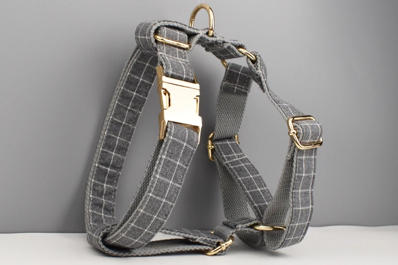 Neu eingetroffen: Personalisiertes Designer-Logo, graues Gittermuster auf weichem Baumwoll-Hundehalsband, Leinen, Geschirr, Kotbeutelhalter, Schleifen-Set Grid03 – Detail 5