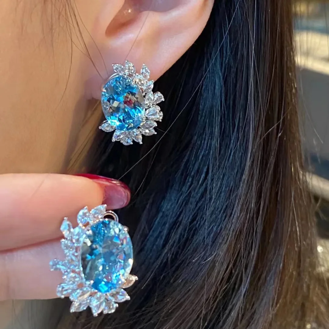 Inspired design silver 925 inlay diamond aquamarine earrings for women high-end sparkling flower earings stud wedding jewelry