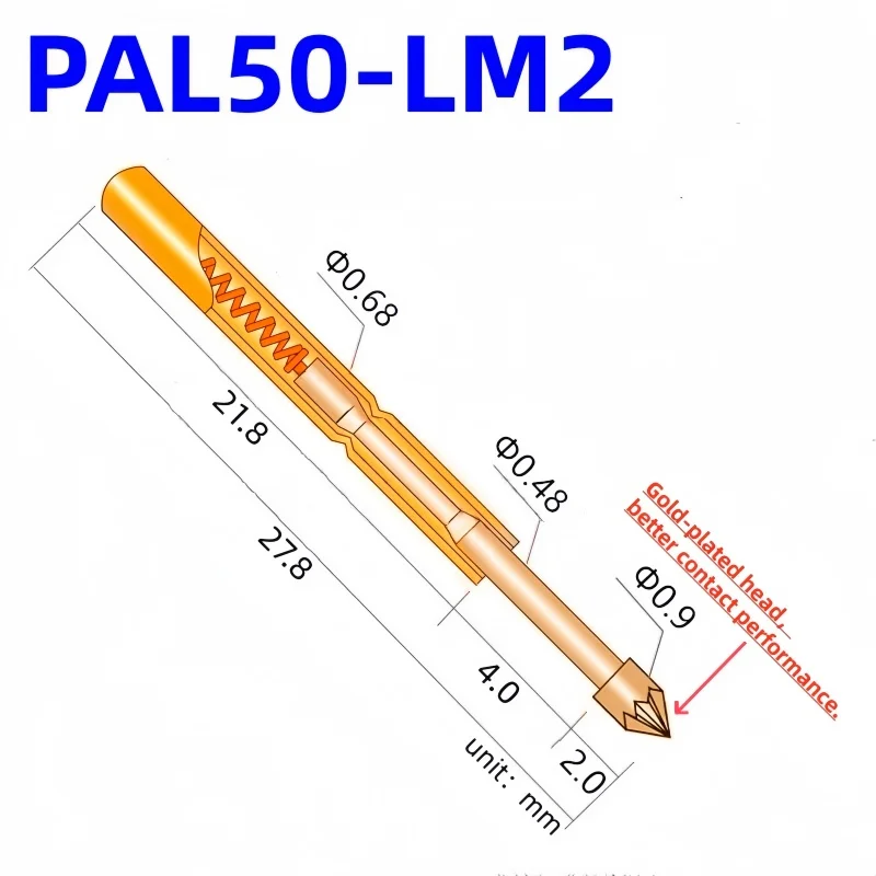 20/100PCS PAL50-LM2 Spring Test Probe PAL50-LM Test Pin Tool 27.8mm Dia 0.68mm Gold Needle Tip 0.90mm Pogo Pin PL50-LM PL50-LM2