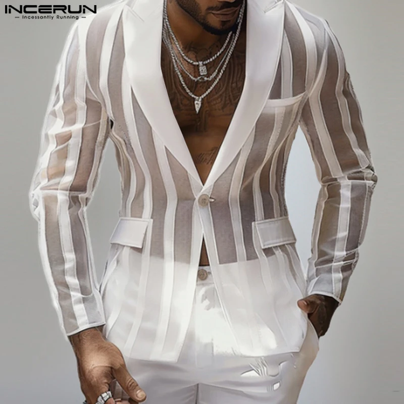 INCERUN, nuevas y bonitas camisetas para hombre, abrigos de traje a rayas transparentes, chaqueta de manga larga a la moda para hombre, superventas, S-5XL 2024