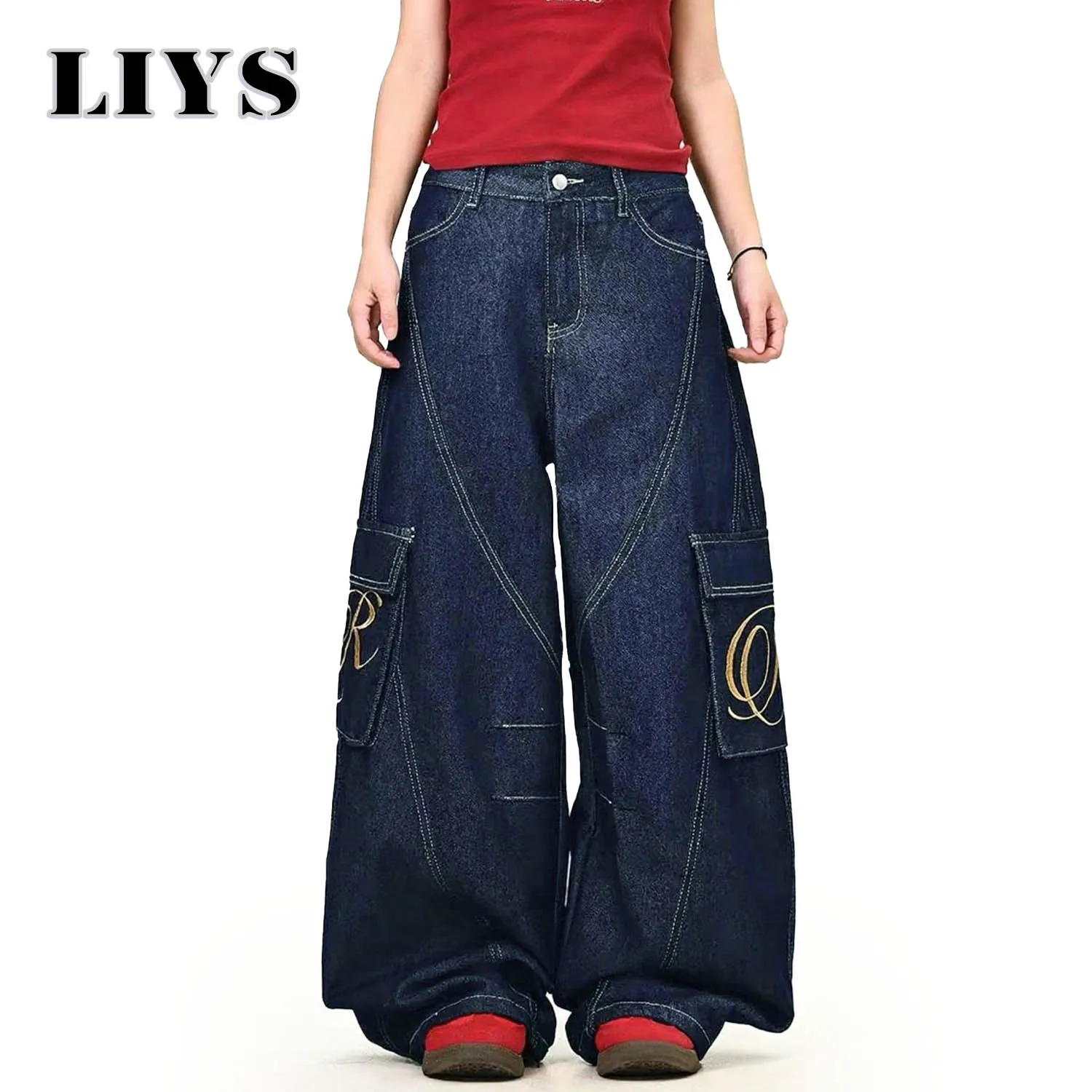 

Осенние мужские корейские свободные широкие джинсы в стиле ретро, унисекс, вышитая большая карманная рабочая одежда, джинсовые брюки, ультра широкие джинсы