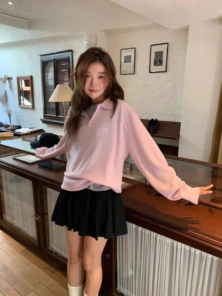 

Вязаный свитер с воротником и вышивкой букв Mosabarn Thenet, свободный многослойный базовый слой, женский зимний топ из смеси шерсти