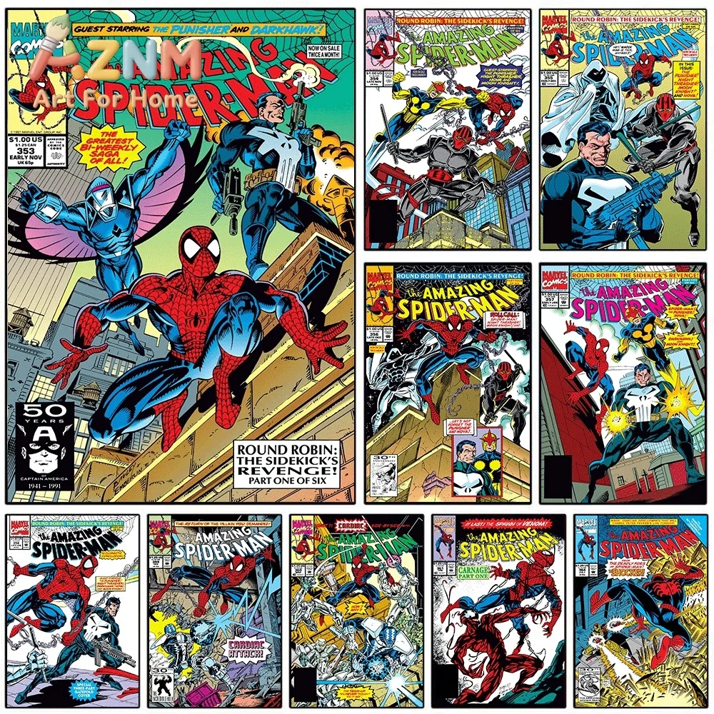 AZNM The Amazing Spider-Man Comic Canvas Wall Art No Frame Vintage Superhero Punisher Print Poster Home Bedroom Wall Decor