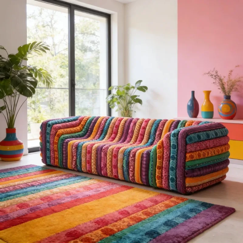 Rainbow patchwork striped sofa retro handmade velvet multi-seater sofa