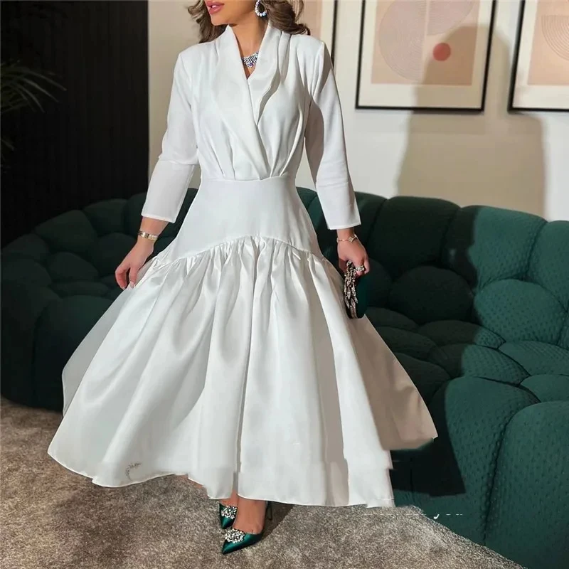 Vintage Satin Mermaid Evening Dresses Long Sleeves V Neck Tea Length Saudi Arbaic Party Dress Women Formal Prom Gowns Vestidos D