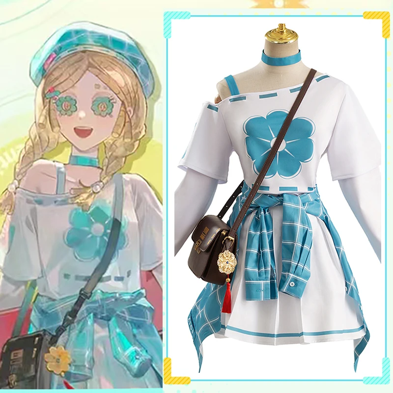 The Identity V Anne Cosplay Game Toy Merchant Costume, lovely blue flower camiseta falda a cuadros para mujer, conjunto completo B