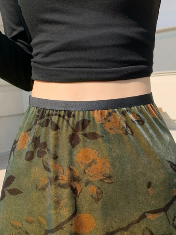 SMTHMA 2025 automne/hiver rétro nouvelle jupe imprimée en velours chinois pour les femmes jupe trapèze taille haute élastique