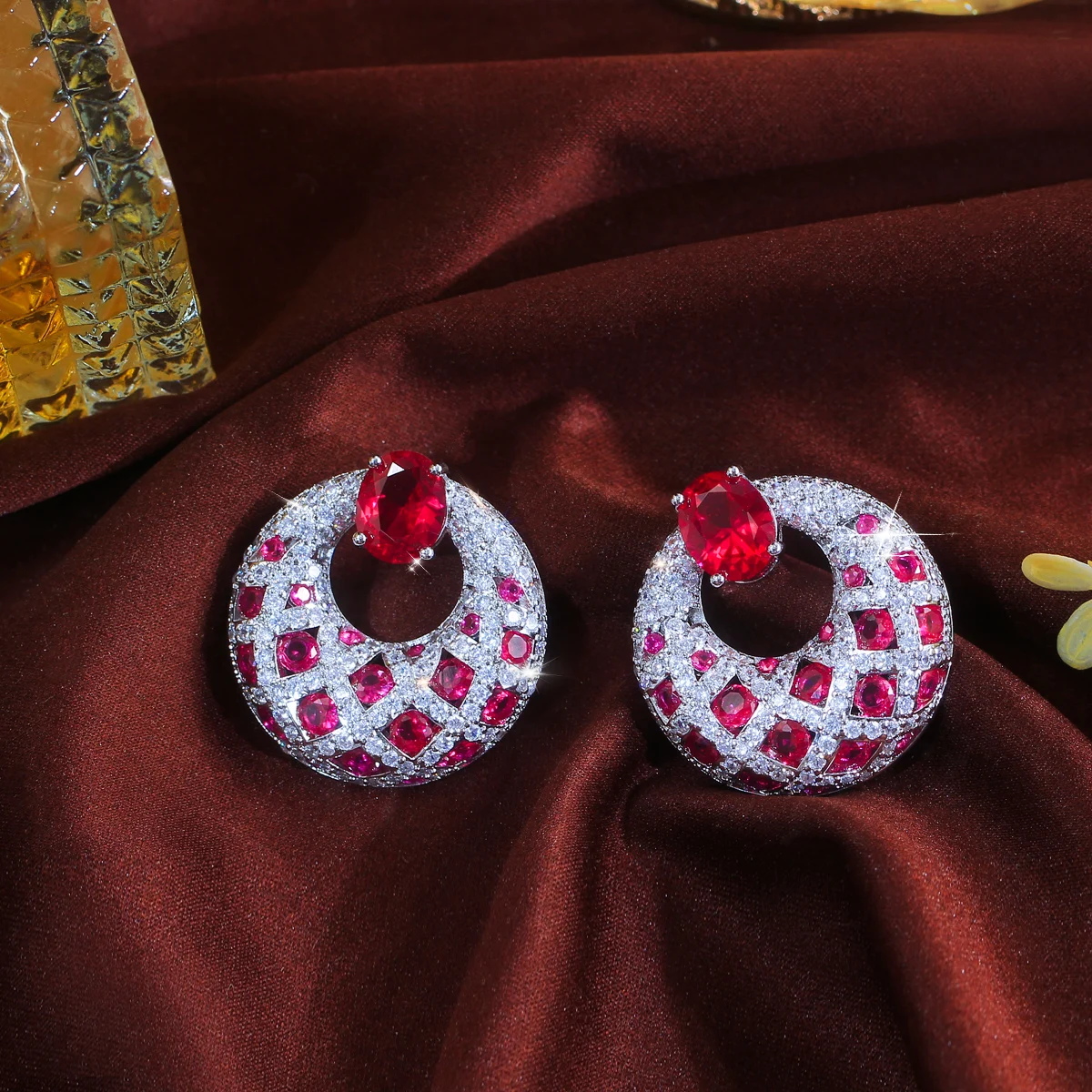 CWWZircons Top Hot Luxury Pink Red Cubic Zirconia Big Round Party Drop Earrings for Women Christmas Jewelry Festive Gifts E0838