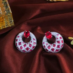CWWZircons Top Hot Luxury Pink Red Cubic Zirconia Big Round Party Drop Earrings for Women Christmas Jewelry Festive Gifts E0838
