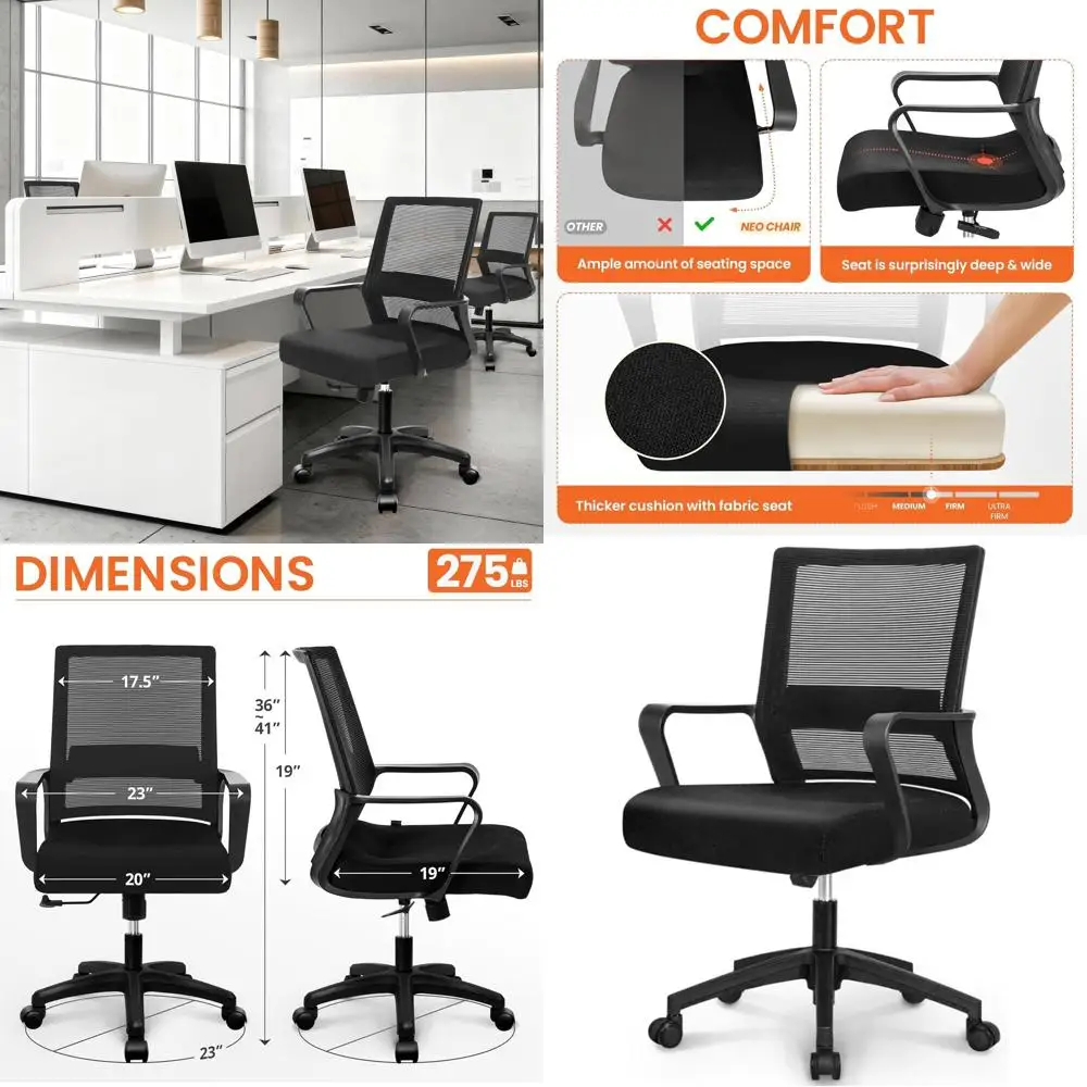 

Ergonomic Mesh Office & Gaming Chair with Lumbar Support, Adjustable Swivel, Wheels, All-Black Comfort for Home Use