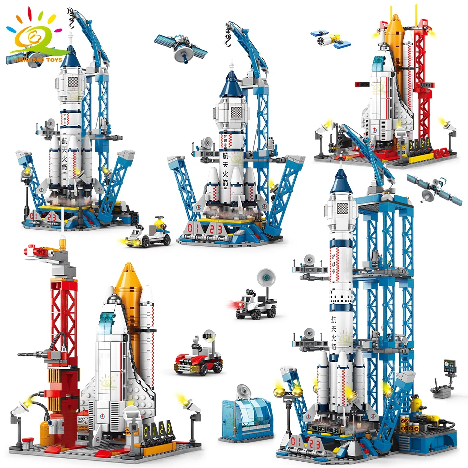 HUIQIBAO Space Station Saturn V Rocket Building Blocks City Shuttle Satellite Astronaut Figure Man Bricks Set Children Toys Gift