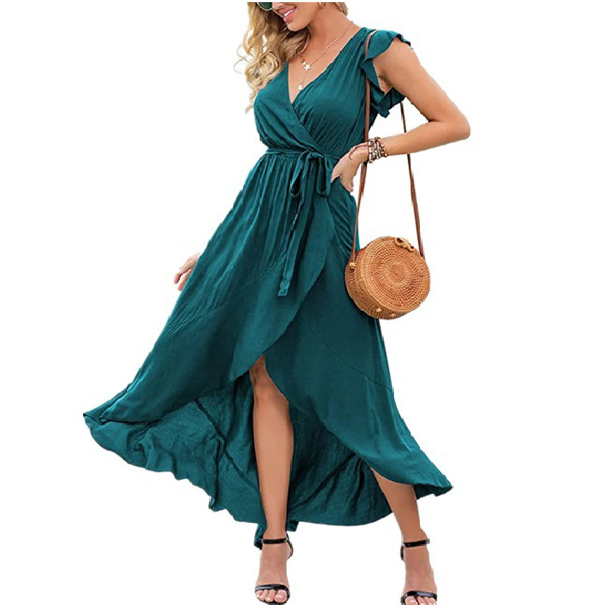 

New Fashion Women's Summer Sexy Casual Longuette V-neck Bandage Irregular Big Swing Solid Color Temperament Dress