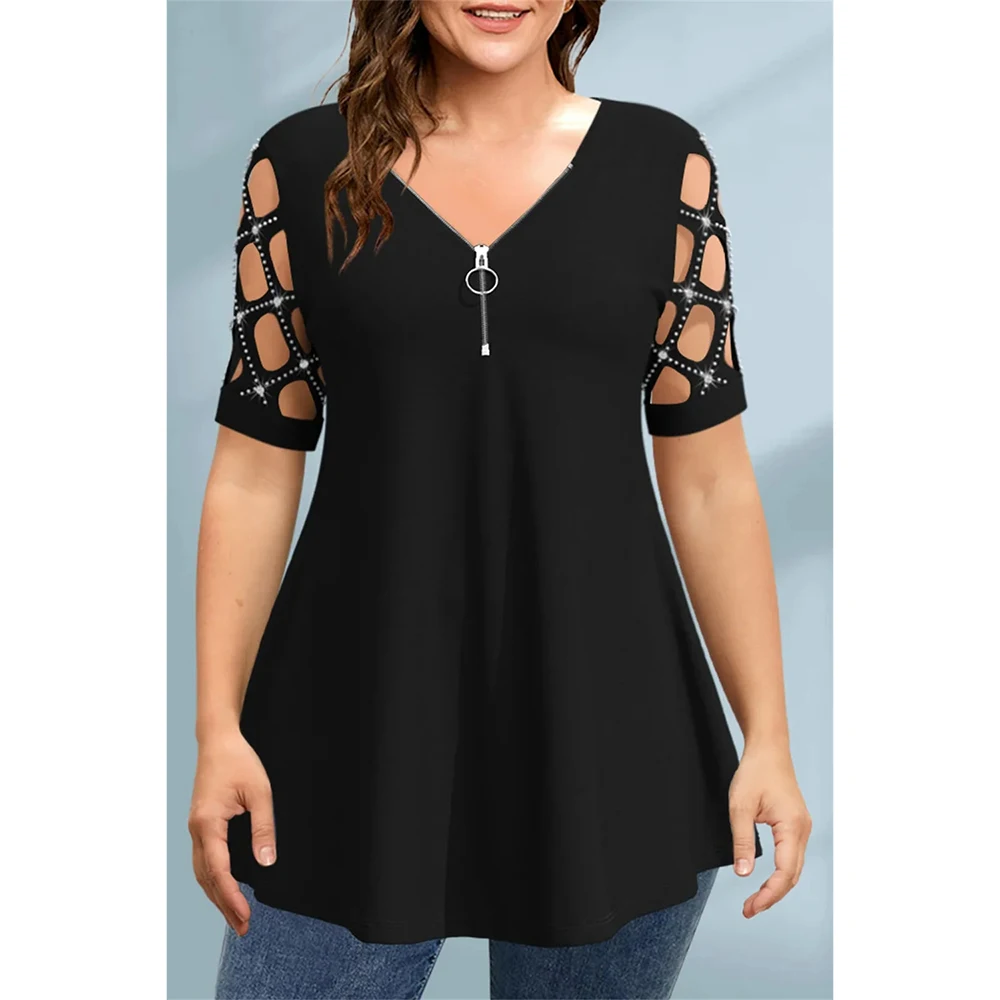 

Plus Size Summer Casual Black Zipper Cut Out V Neck Hollowed Half Sleeve Blouse