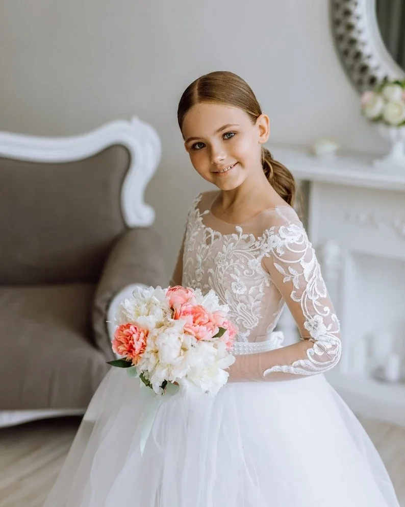 Pageant Dresses for Girls Princess Evening Party Dresses Lace Communion Dress Lace Tutu Flower Girl Dress White Tulle Rustic