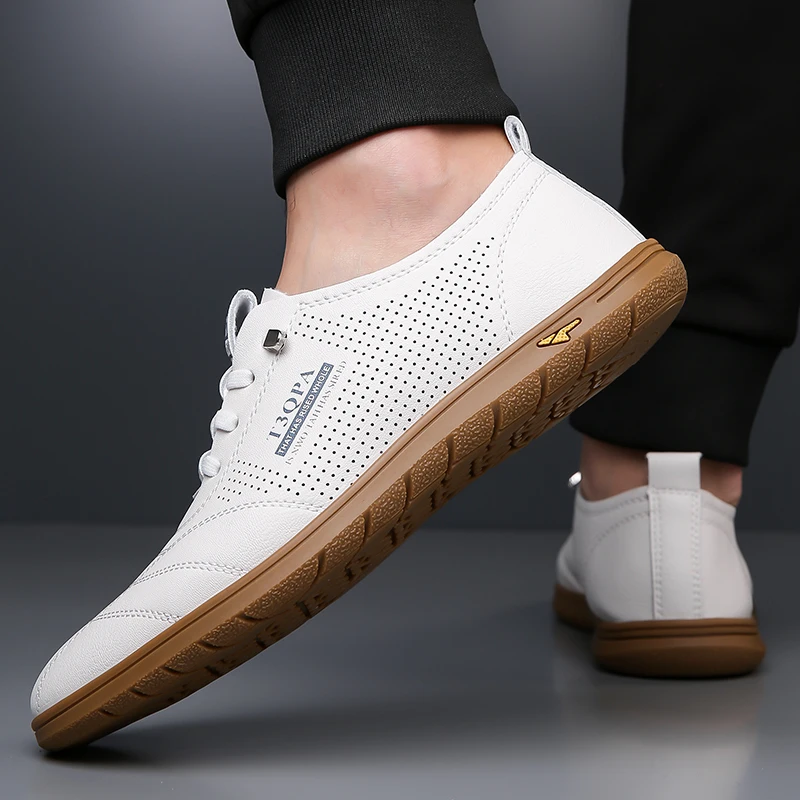 

Мужские кожаные повседневные туфли без каблука с открытым носком, мягкие, удобные, модные, на шнуровке, подходят для любого сезона и стильные.