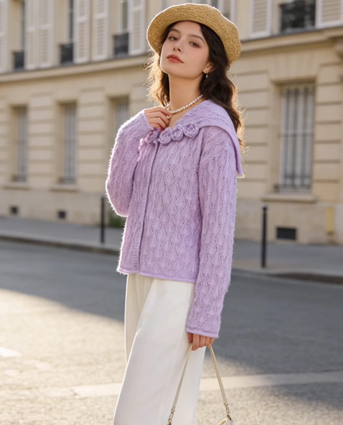 

Women's stylish navy collar three-dimensional flower embroidery fashionable anti-aging long sleeved woolen open collar jacket