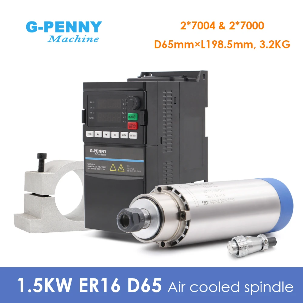 G-Penny 1,5 kW ER16 65 mm 220 V luftgekühlter Spindelmotor für CNC-Holzbearbeitung und 220 V 1,5 kW YL42 Wechselrichter und 65 mm Halterung