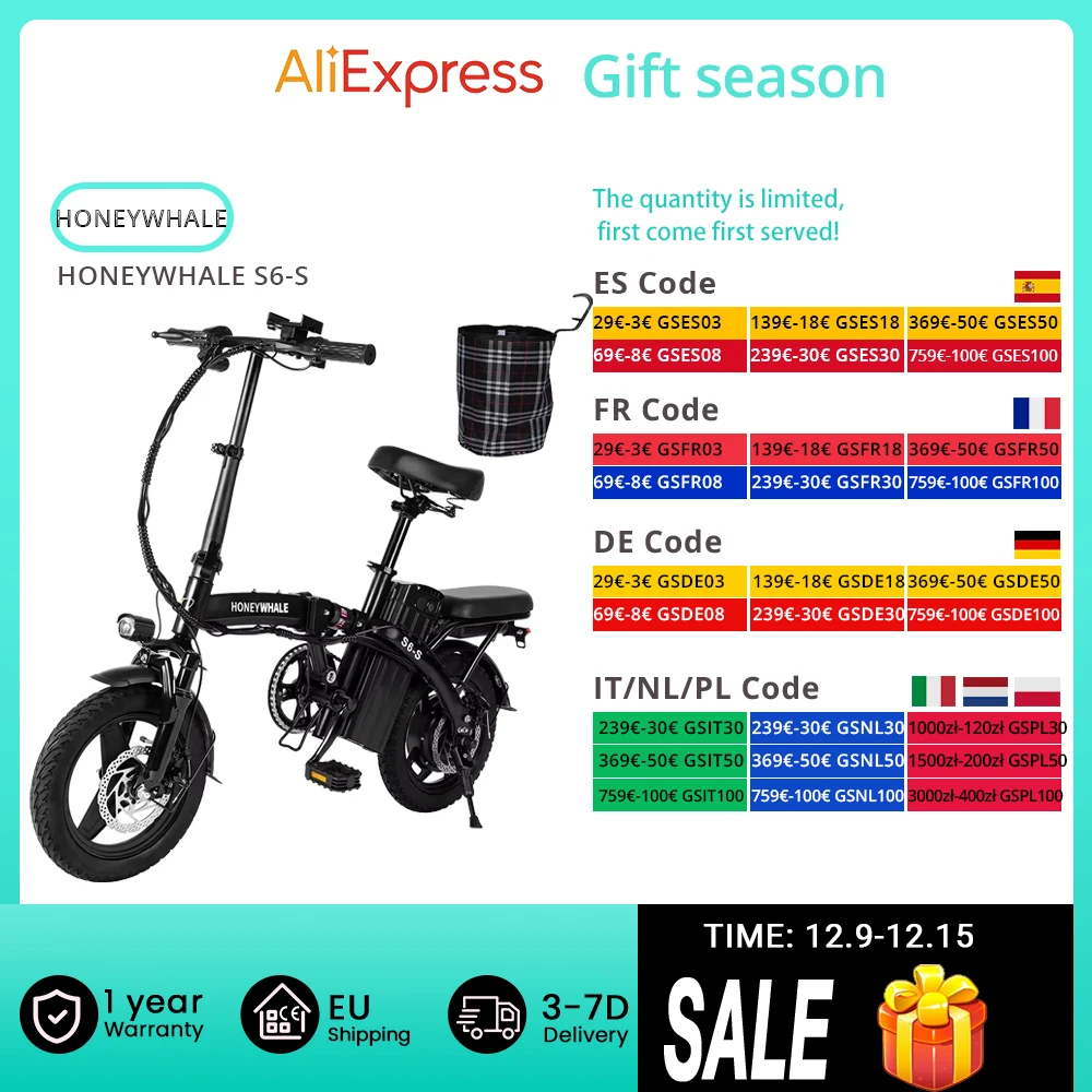 HONEYWHALE S6-S 14-inch Electric Bike 250W Brushless Motor 48V 10.4Ah Battery 35km/h Max Speed Dual Disc Brake 28N.m Torque