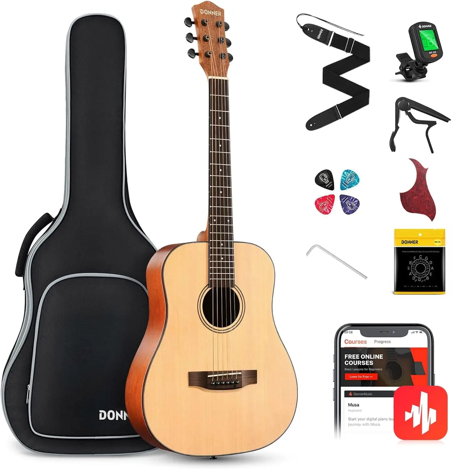 3/4 Acoustic Guitar Kit 36 Inch Dreadnought Acustica Guitarra Bundle for Beginner Adult Youth Travel With Steel String