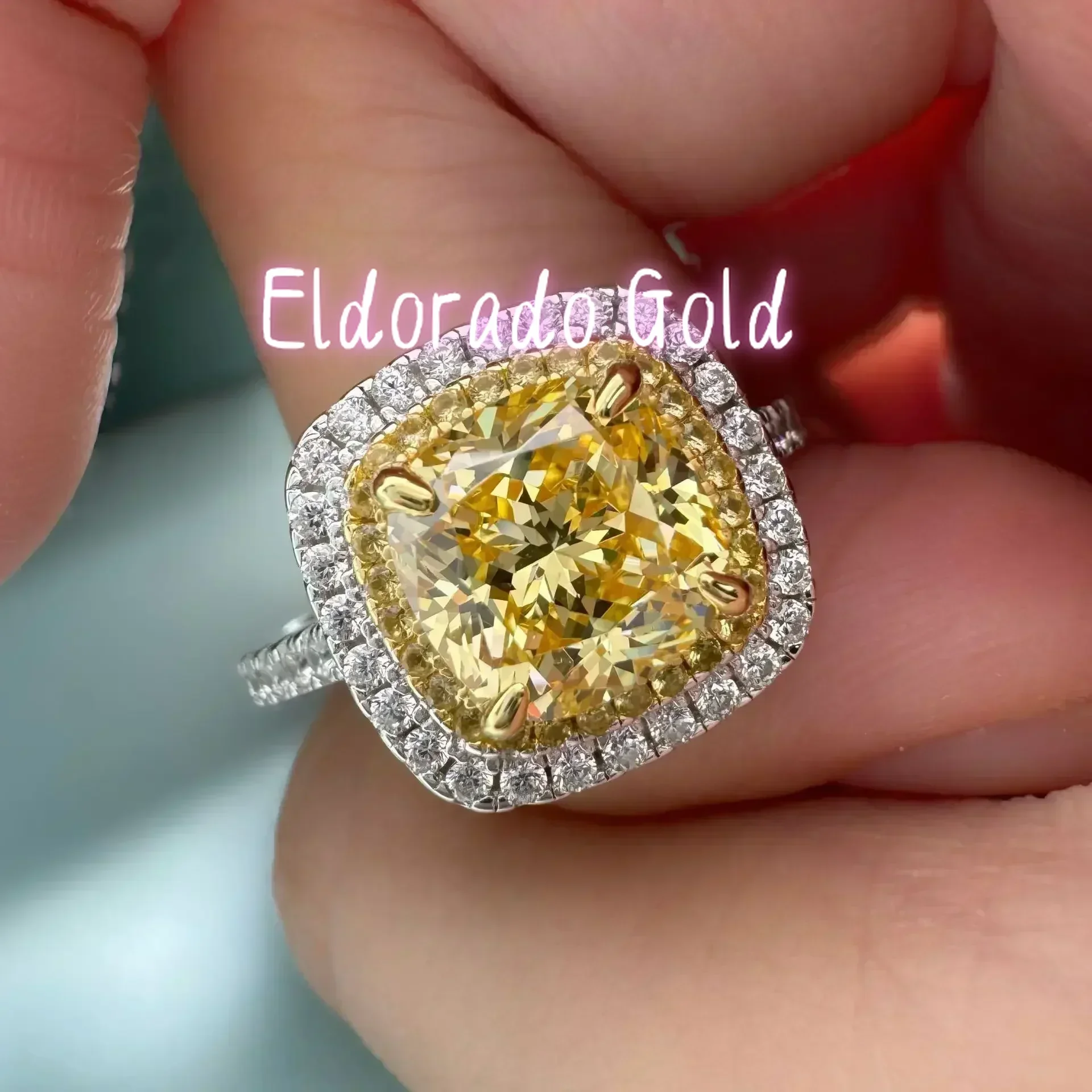 Eldorado Gold  Solid 14K White Gold AU585 Platinum PT950 Ring Double Bezel Surrounded by Fat Square 2.5 Carat Yellow Diamond Rin