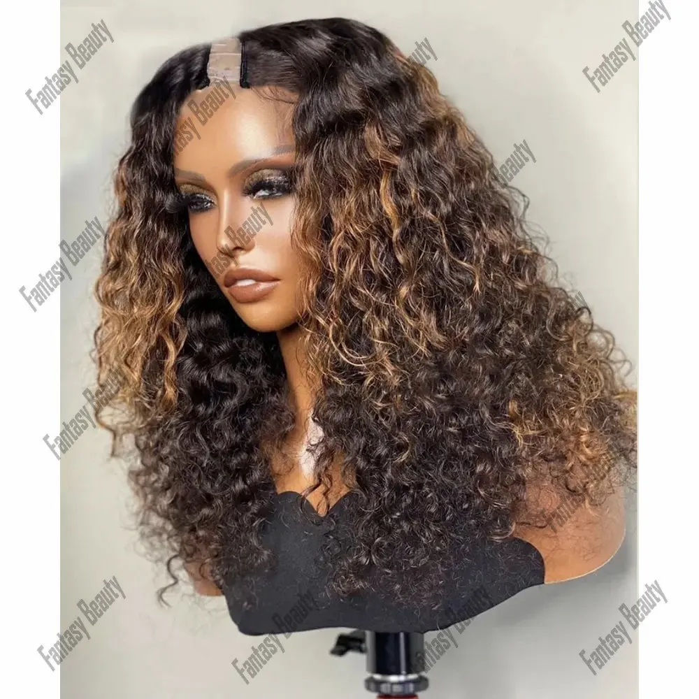 Peruca Kinky Curly com Clip para Mulheres, Parte U Perucas, Cabelo Humano Virgem, Parte Natural V, Raízes Negras, Ombre Brown, 1x4, Densidade 200%, Remy