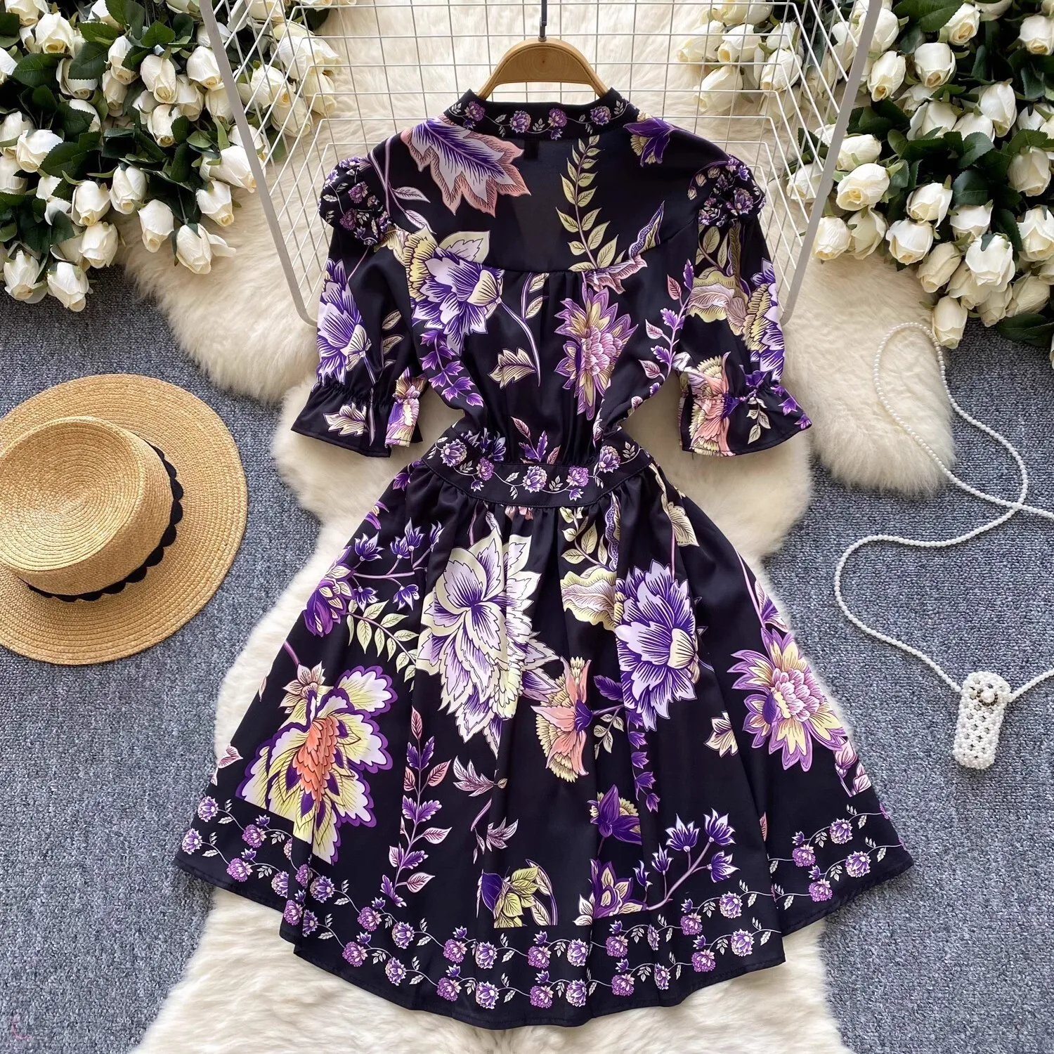 2025 Spring Summer Holiday Floral Short Dress Shirt Women Single Breasted Print Purple Elegant V Neck Bohemia Beach Vestidos