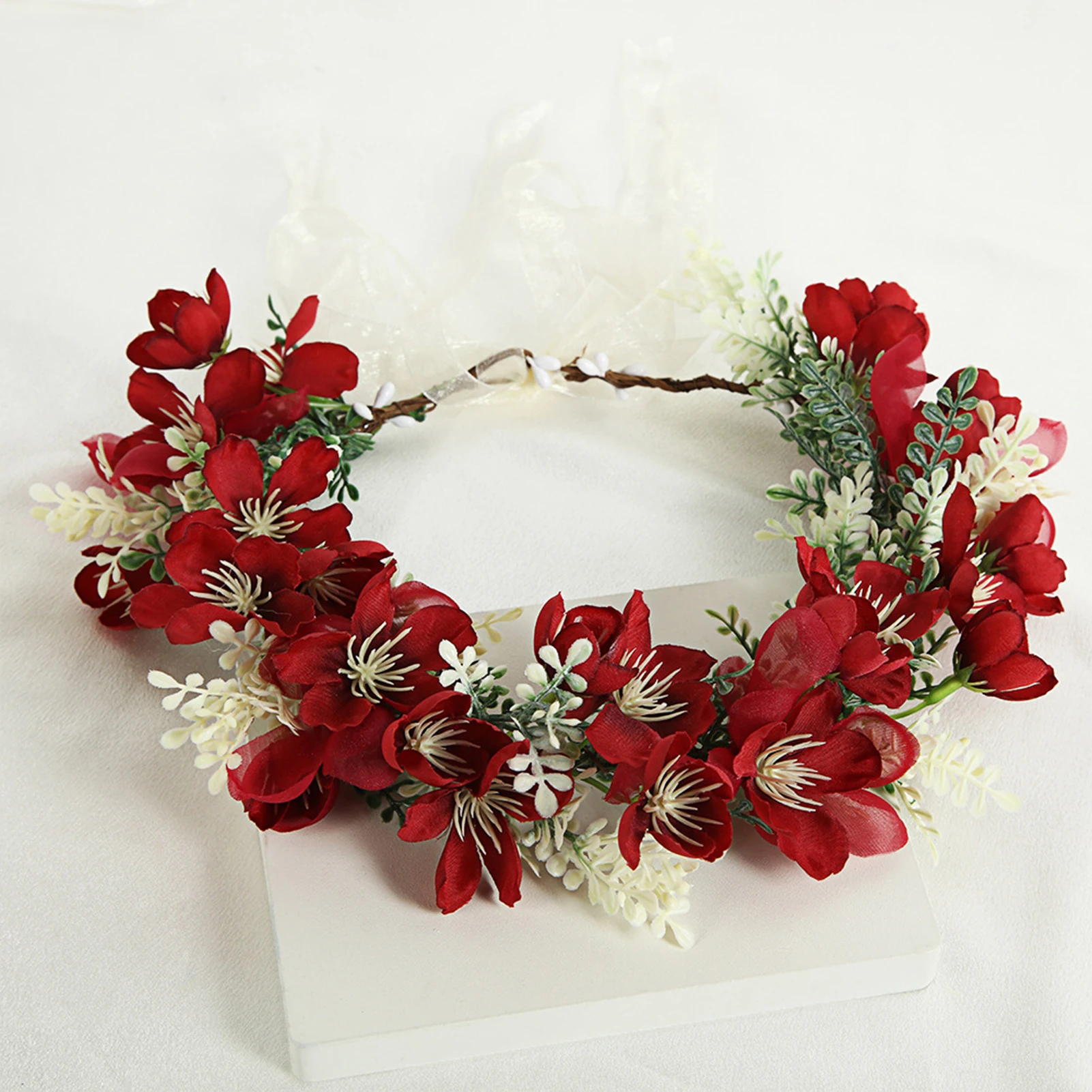 

Summer Garland Flower Crown Woman Photography Headbands with Ribbon Boho Style Red/Pink/White/Orange Silk Floral Hairbands