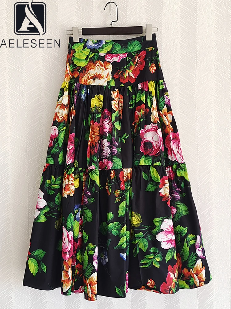 

AELESEEN Women 100% Cotton Sicilian Skirt Runway Fashion Autumn Colorful Flower Printed High Waist Holiday Party Vacation Poplin