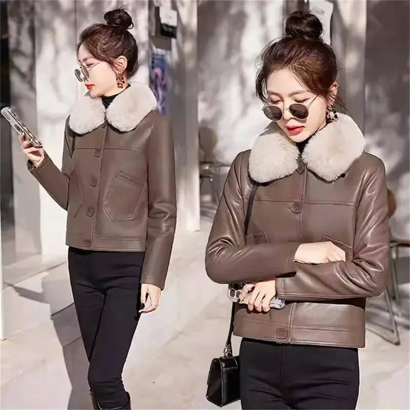 Quilted fur collar Leather Coat Women's Autumn Winter High-end Thickened Short PU Leather Jacket Short Winter Down Cotton Jacke