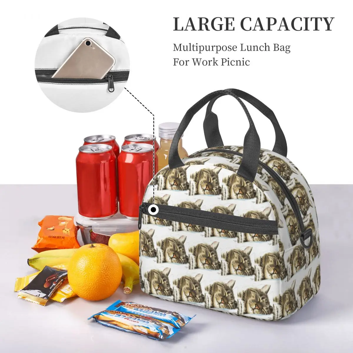 Sleeping Tabby Cat Insulated Lunch Bag for Women Bento Storage Food Boxes Container Cooler Thermal Lunch Box Tote