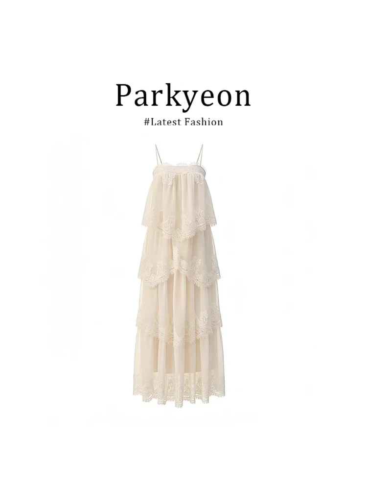 

Parkyeon Lace Trim Backless Strap Dress Women's Summer New Slim Cake Long Skirt Polyester Fiber French Style No Sleeve Slim Fit