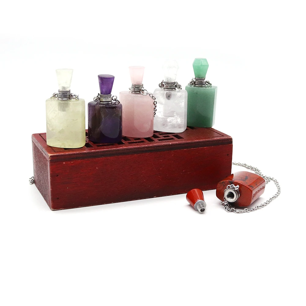 

Classic Stylish Natural Stone Polished Amethyst Flower Green Gem Square Fashion Perfume Essential Oil Bottle Necklace Jewelry