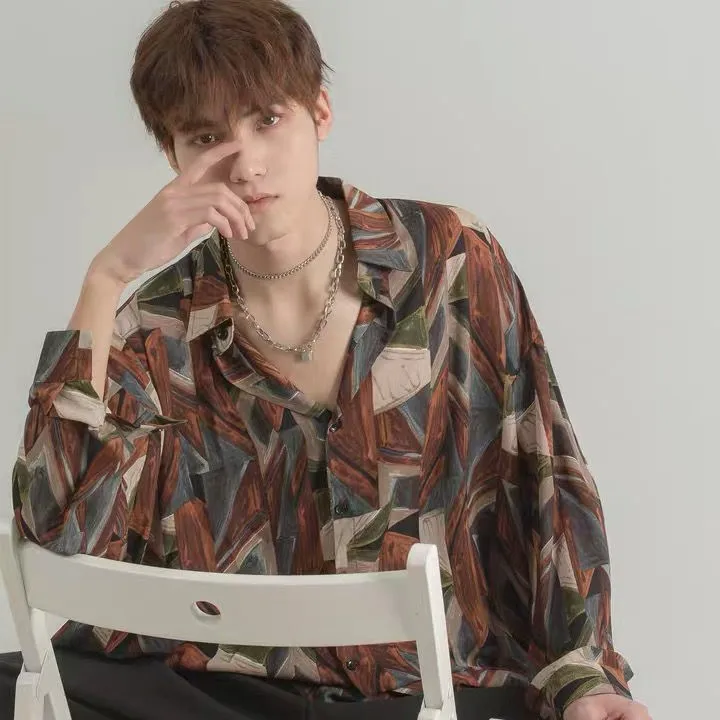 

Retro Hong Kong Style Men's Shirt Jacket Casual Loose Fit Long Sleeve Button up Polyester Fiber Youthful Trend Couples Shirt