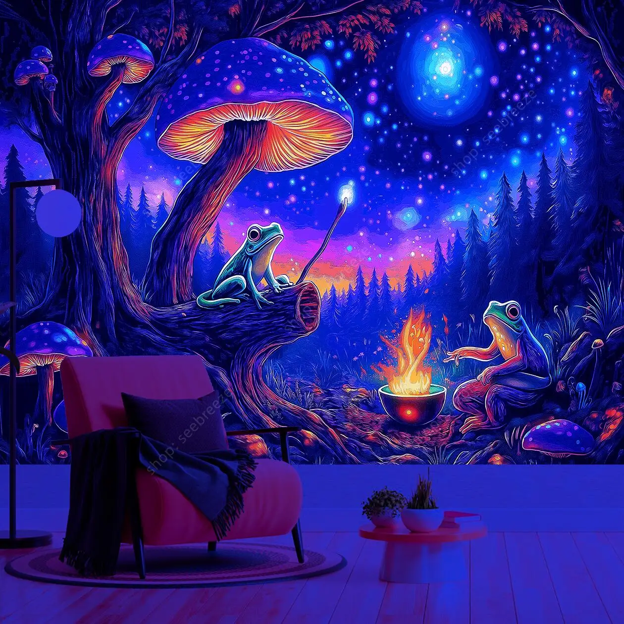 ماجيك فورست الضفدع جمع الأشعة فوق البنفسجية نسيج مسحور متوهجة الفطر ليلة مليئة بالنجوم الجدار الشنق البوهيمي ديكور المنزل التأمل الفن