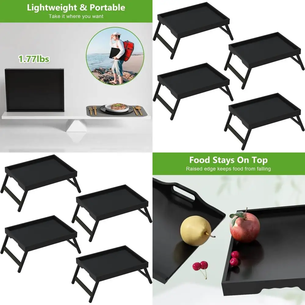 طاولة صينية سرير قابلة للطي من الخيزران، 4 عبوات من صواني تقديم سوداء للإفطار والوجبات الخفيفة واستخدام الكمبيوتر المحمول