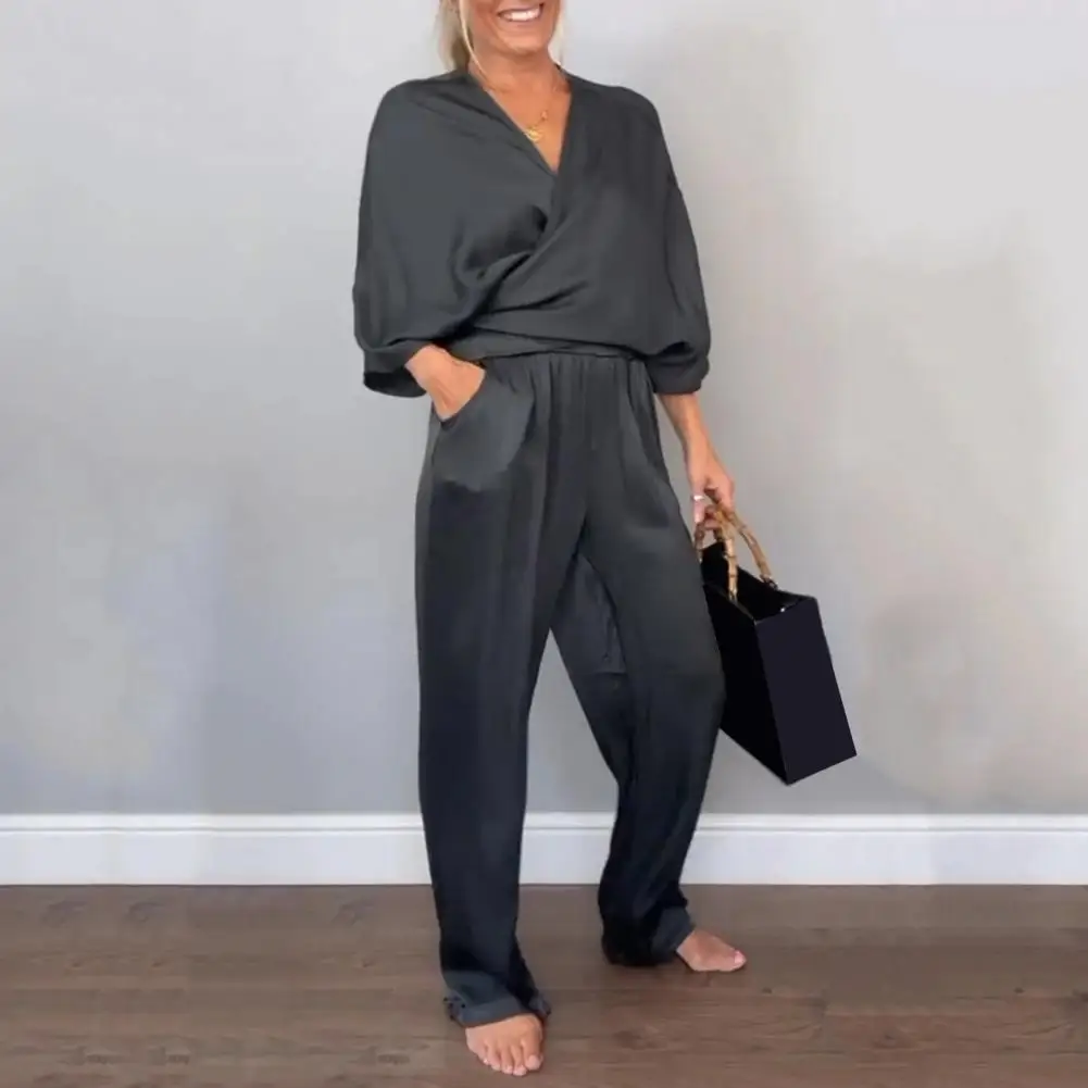 

Women Loose Fit Suit Elegant Women's V Neck Blouse Wide Leg Trousers Set for Spring Summer Formal Wear Blouse Trousers Set